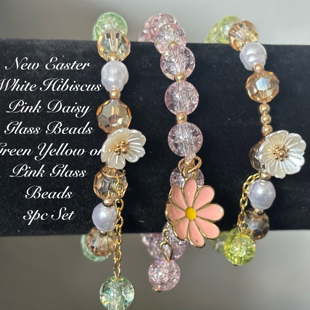 NEW MOTHERS DAY HIBISCUS PINK DAISIES GLASS BEADED GREEN YELLOW PINK 3PC SET